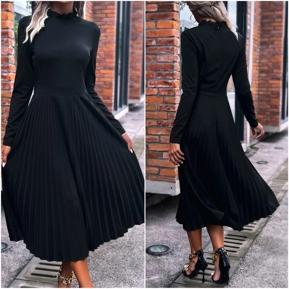 Classic Solid Pleated Minimalist Dress - Picture 4 of 7